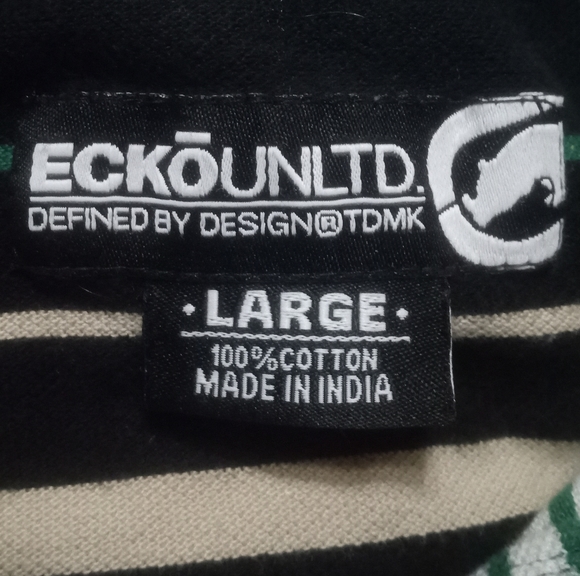 ECKO UNLIMITED | 100% Cotton Vintage Polo Green/Black/Tan Striped Shirt | Large - Picture 3 of 6